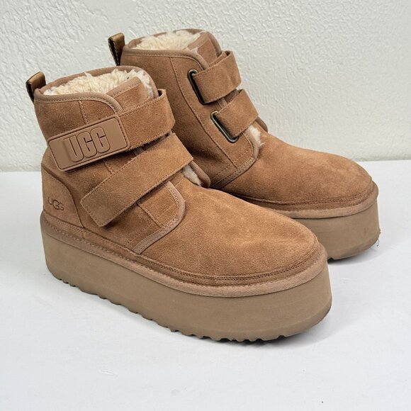 UGG Shoes - UGG Neumel Platform Chukka Boots Suede Strap Chestnut Tan Plush Lined Size 8